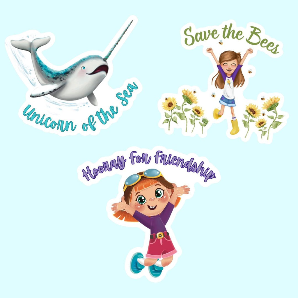 "Themed Stickers Collection: Rylee, Lou, Amelia, and Narwally Designs"